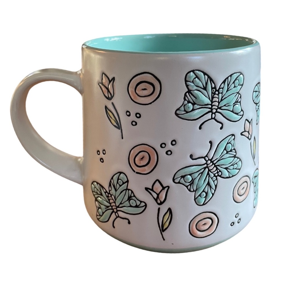 Embossed Butterfly Floral Ceramic Coffee Mug Teal Pink White Cottagecore Tea Cup